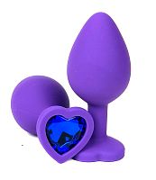 Анальная пробка "Vander" силикон, синий кристалл, сердце S, Фиолетовый