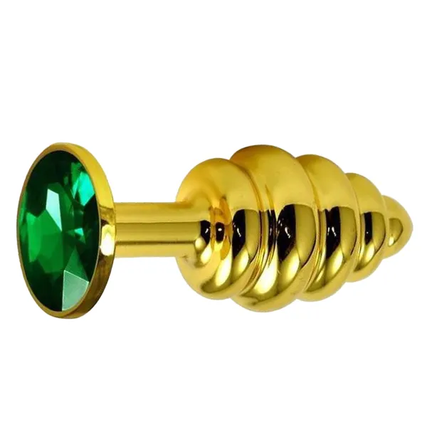 Анальная втулка Gold Spiral с зеленым кристаллом маленькая