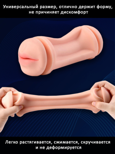 Двухсторонний мастурбатор вагина и ротик с язычком и мягкими зубками в тубе "Gina",  фото 9