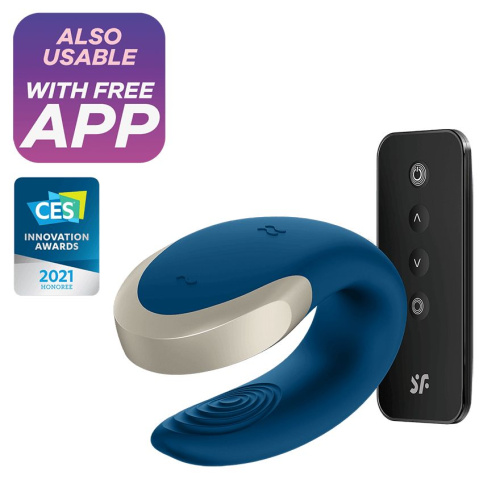 Double Love Blue вибромассажер-скобка для пар с управлением через приложение и пультом ДУ, синий фото 2