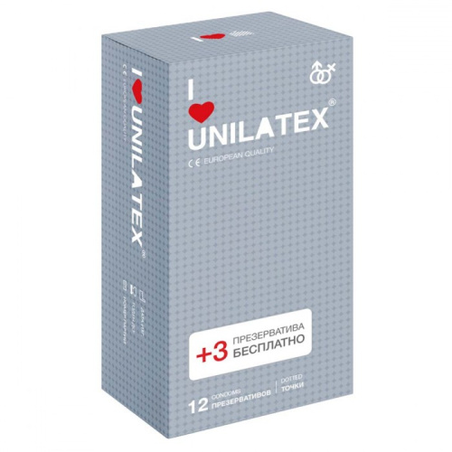 Презервативы Unilatex Dotted, 12 шт.+ 3 шт. в подарок