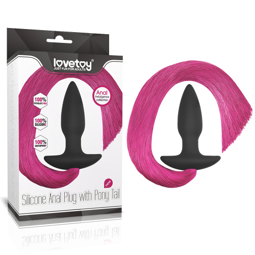 Анальная черно-розовая пробка с хвостом Silicone Anal Plug with Pony Tail  421001 LV RED фото 2