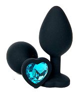 Анальная пробка "Vander" силикон, голубой кристалл, сердце S, Чёрный