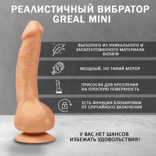 Gvibe Greal Mini - Мини-версия реалистичного вибратора из Bioskin, 18х3 см (телесный) фото 3