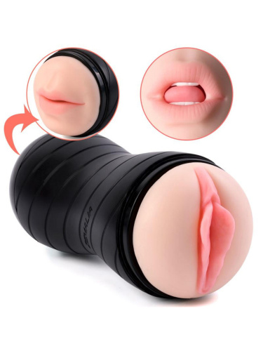 Двухсторонний мастурбатор вагина и ротик с язычком и мягкими зубками в тубе "Gina",  фото 10