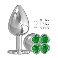 Большая анальная втулка Silver Клевер с зеленым кристаллом /539-03 GREEN-DD 