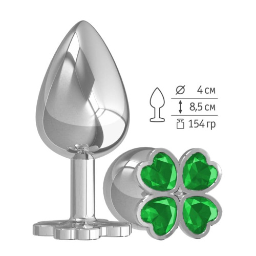Большая анальная втулка Silver Клевер с зеленым кристаллом /539-03 GREEN-DD 