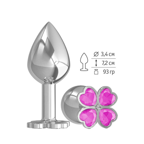 Средняя анальная втулка Silver Клевер с розовым кристаллом /529-06 PINK-DD 