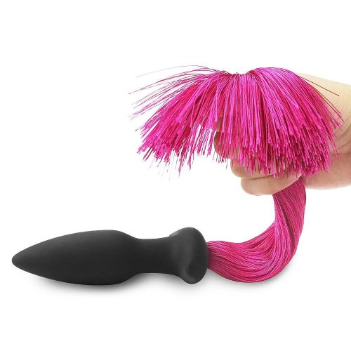 Анальная черно-розовая пробка с хвостом Silicone Anal Plug with Pony Tail  421001 LV RED фото 5