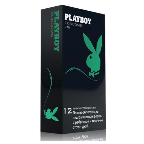 Презервативы Playboy 3 в 1 плотнооблегающие с ребристой и точечной поверхностью, 12 шт.