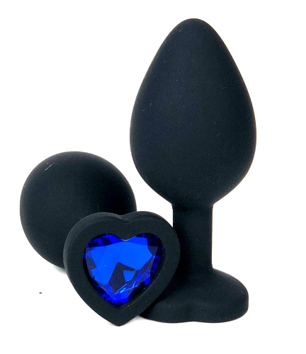 Анальная пробка "Vander" силикон, синий кристалл, сердце S, Чёрный
