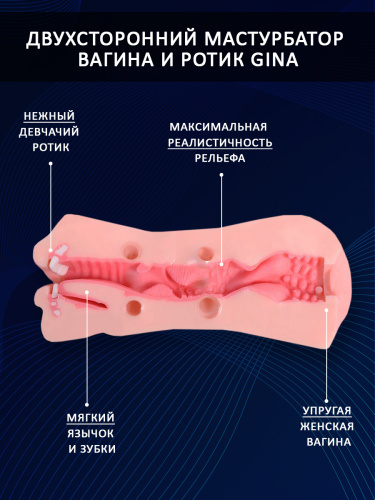 Двухсторонний мастурбатор вагина и ротик с язычком и мягкими зубками в тубе "Gina",  фото 7