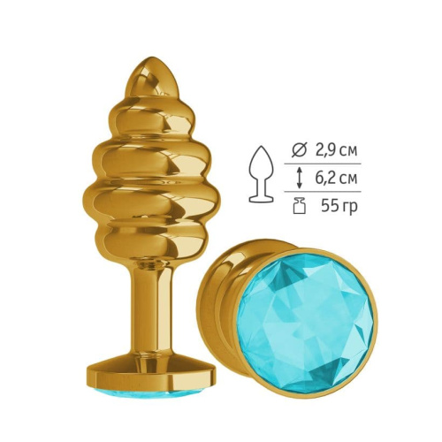 Анальная втулка Gold Spiral с голубым кристаллом маленькая  фото 2