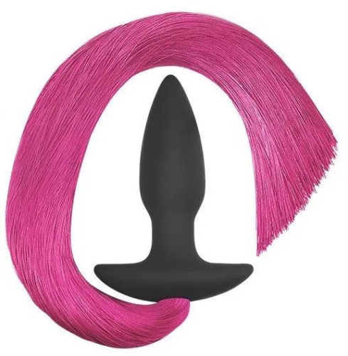 Анальная черно-розовая пробка с хвостом Silicone Anal Plug with Pony Tail  421001 LV RED фото 3