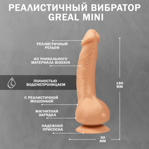 Gvibe Greal Mini - Мини-версия реалистичного вибратора из Bioskin, 18х3 см (телесный) фото 4